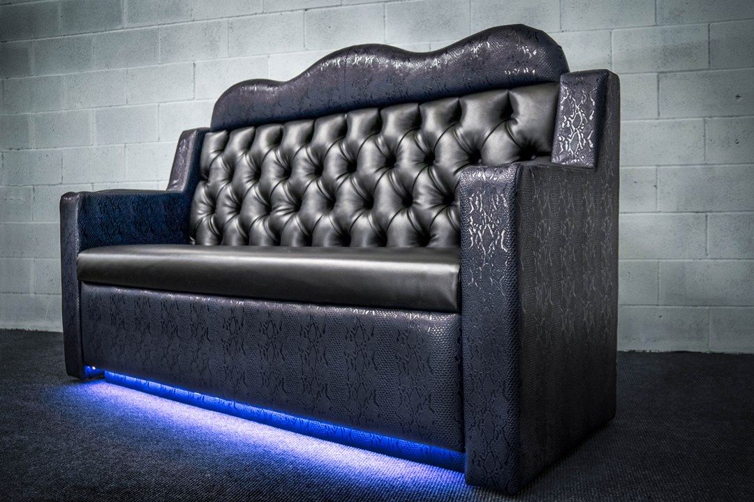 VIP nightclub couch blue crock skin and black vinyl