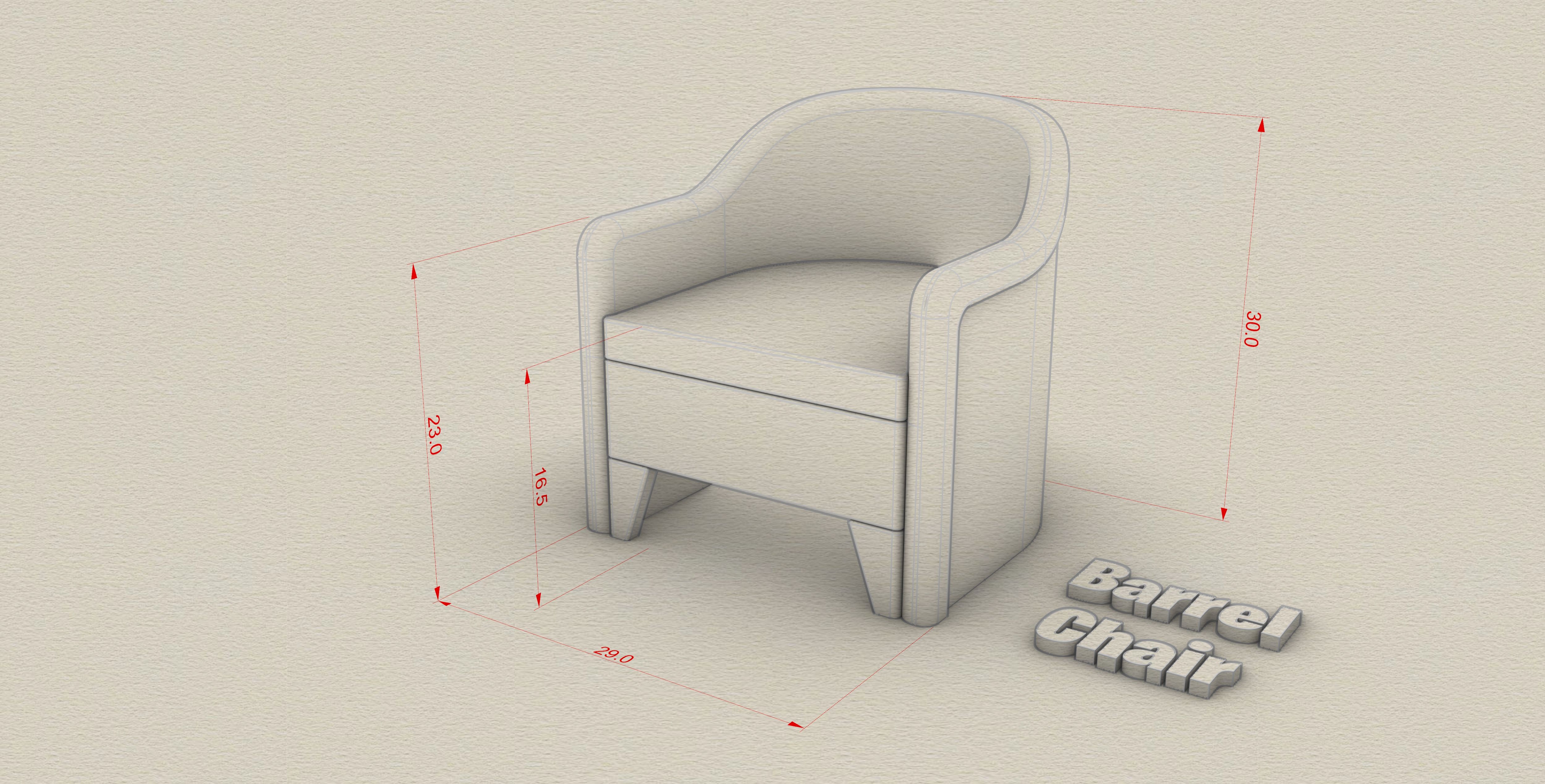 3d model of nightclub barrel chair with measurements