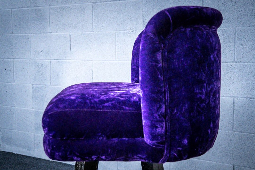 purple velvet bar stool side view