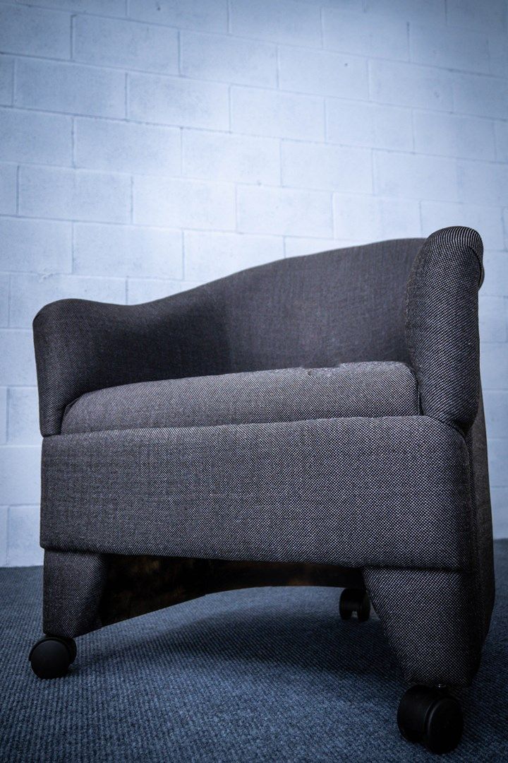 Barrel chair in gray fabric front view