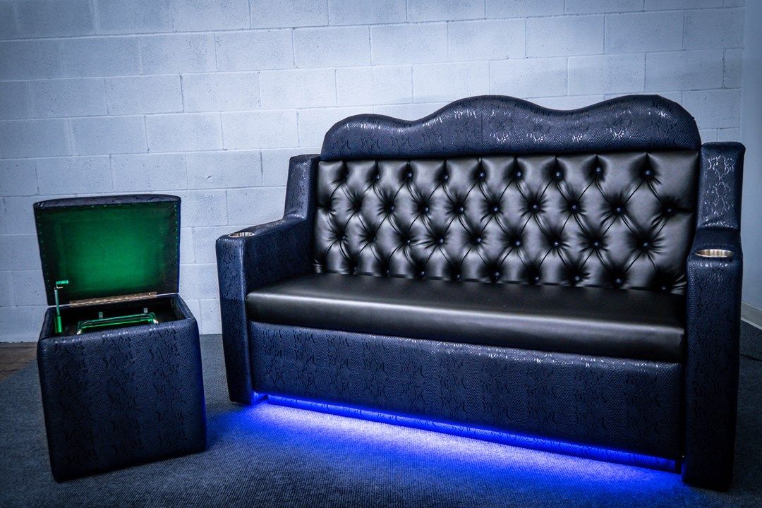 VIP nightclub couch with led light in blue crock skin and black vinyl